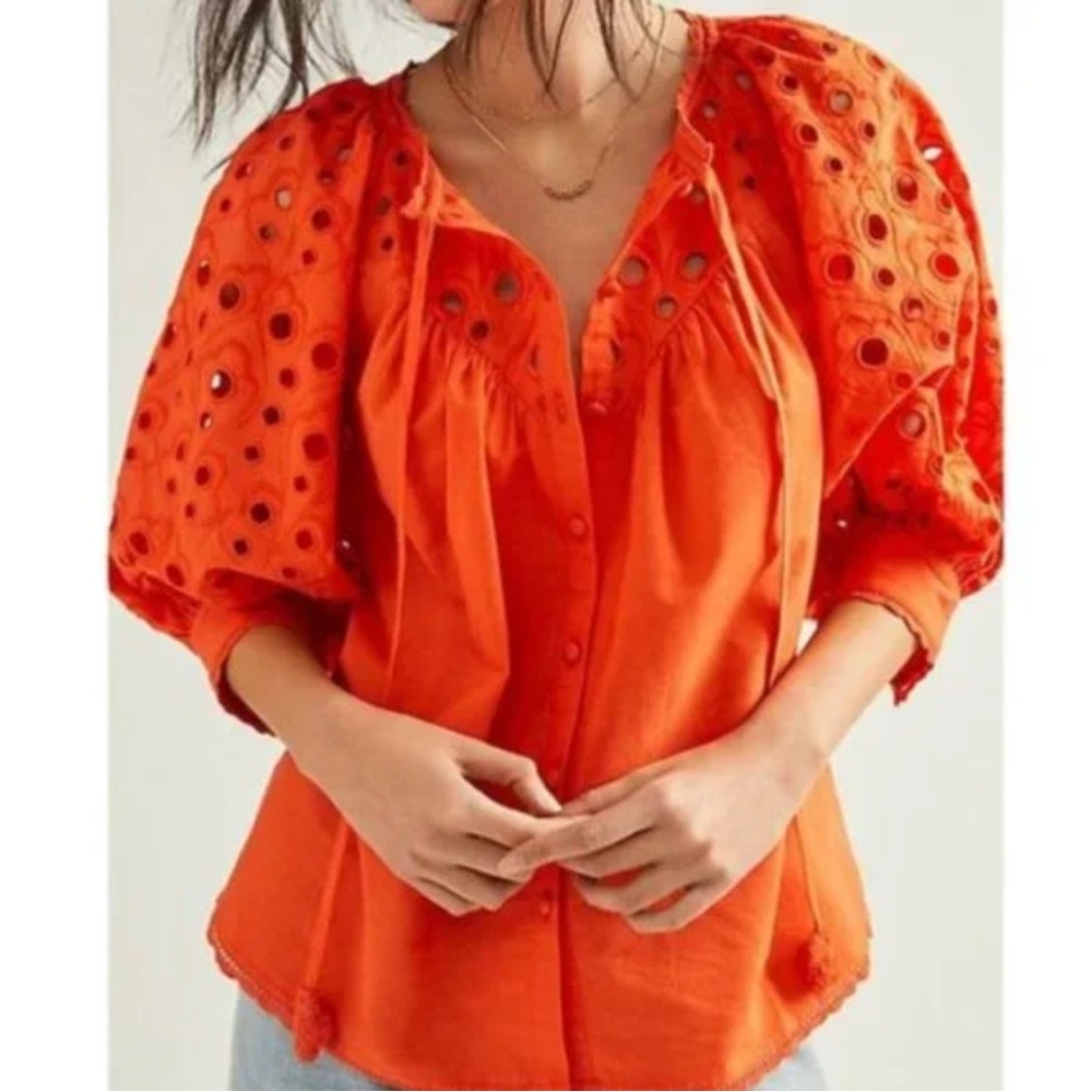 Anthropologie Chantal Orange Eyelet Puff Sleeve Blouse Lace Top Medium